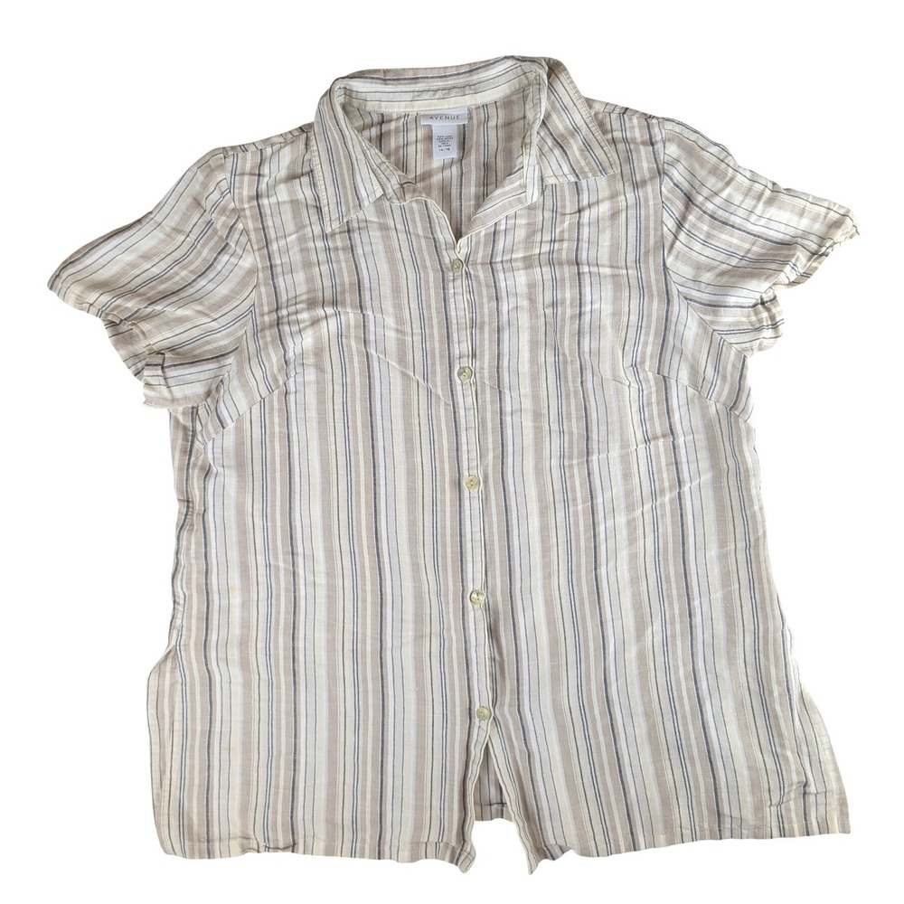 Avenue Women 14/16‎ Linen Blend Striped Short Sleeve Button Up Shirt Beige Tan